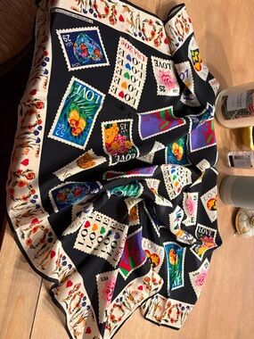 Women's Black 'Love Stamp' Print Silk Scarf